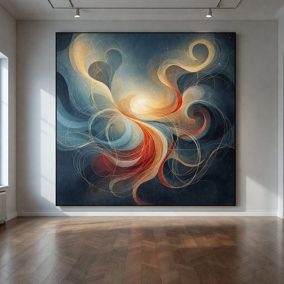 The primary subject of the image is a large painting of a blue and red swirl, which is displayed on a wall. The setting is a room with a window, and the visual style appears to be a painting or a digital artwork. The dominant colors in the painting are blue and red, creating a vibrant and energetic atmosphere.